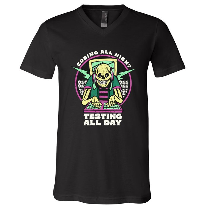 Coding All Night Testing All Day Skeleton V-Neck T-Shirt