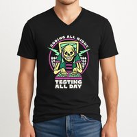Coding All Night Testing All Day Skeleton V-Neck T-Shirt