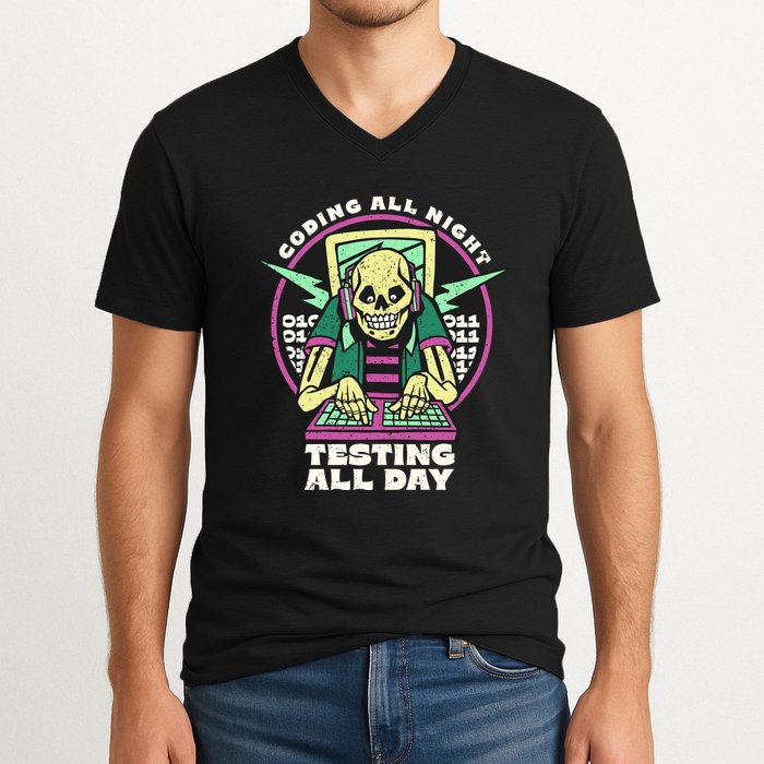 Coding All Night Testing All Day Skeleton V-Neck T-Shirt
