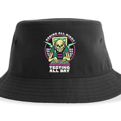 Coding All Night Testing All Day Skeleton Sustainable Bucket Hat