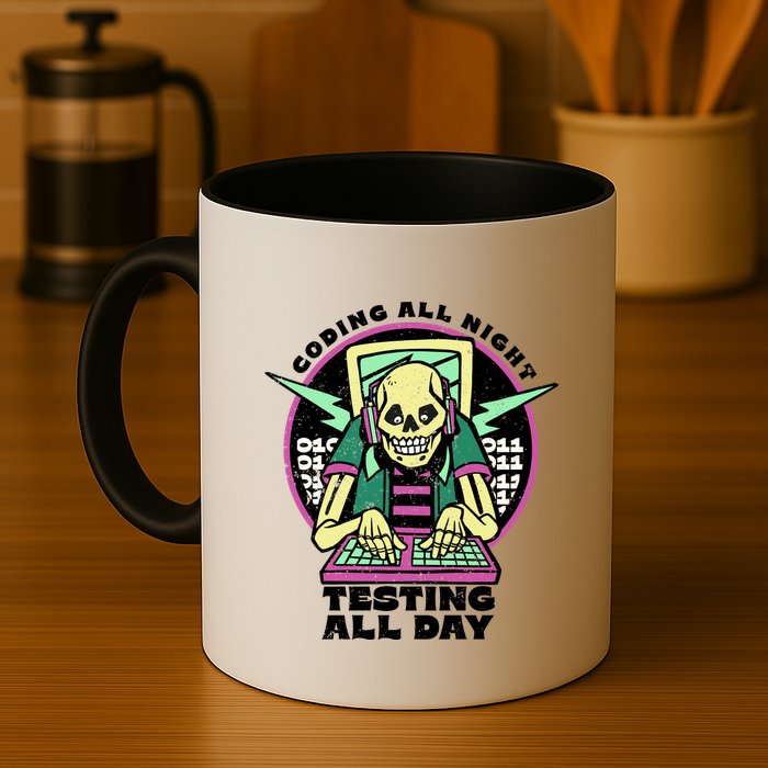 Coding All Night Testing All Day Skeleton Mug