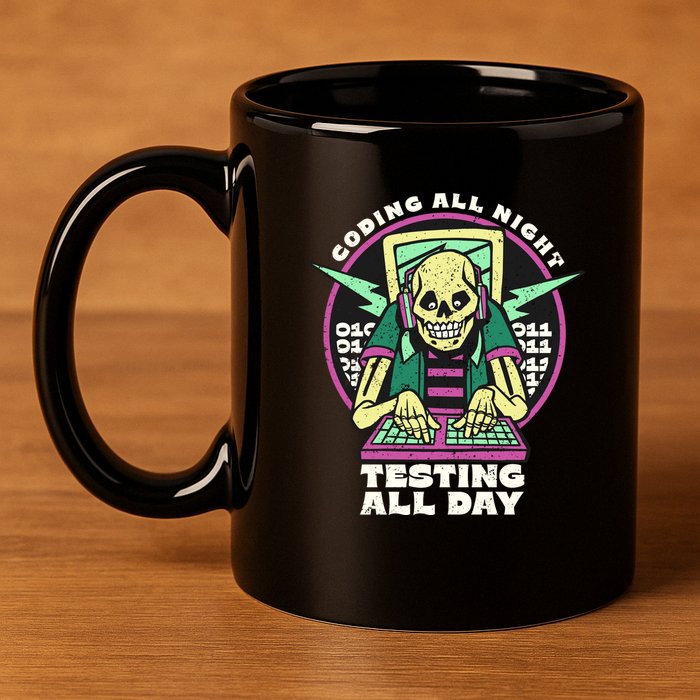 Coding All Night Testing All Day Skeleton 11oz C Handle Ceramic Mug