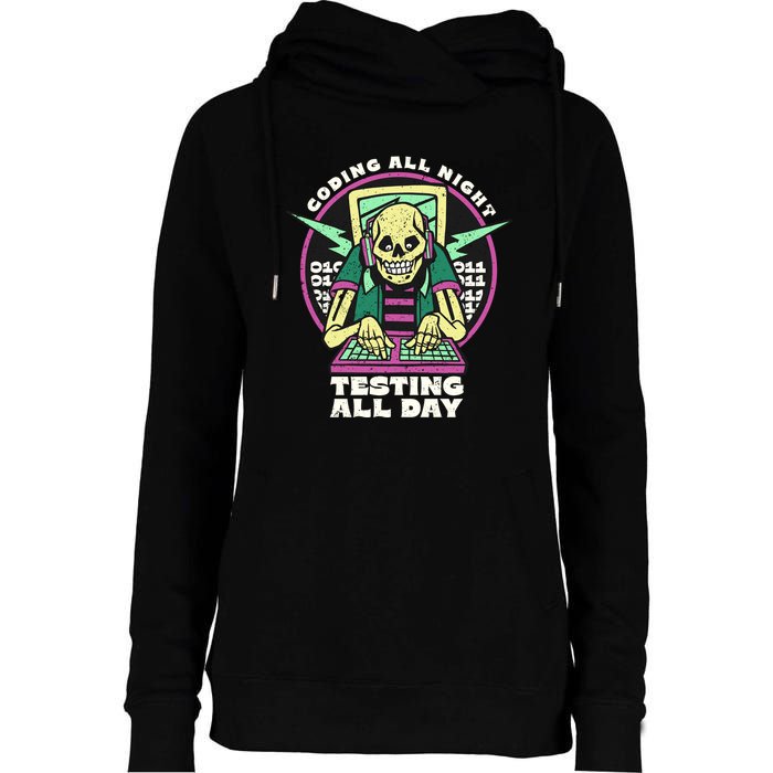 Coding All Night Testing All Day Skeleton Womens Funnel Neck Pullover Hood
