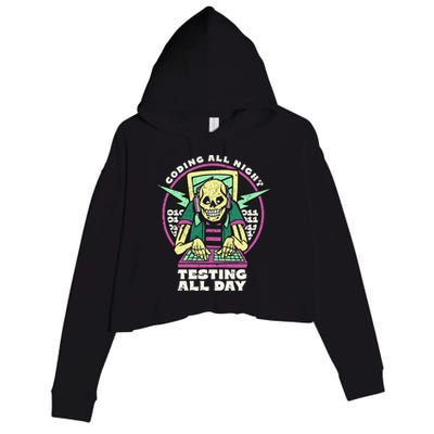 Coding All Night Testing All Day Skeleton Crop Fleece Hoodie