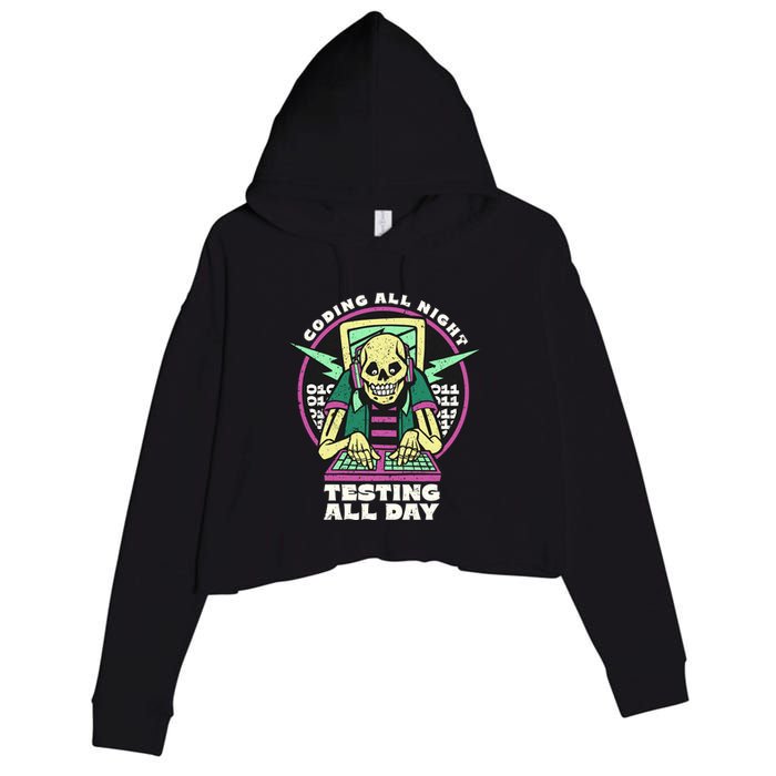 Coding All Night Testing All Day Skeleton Crop Fleece Hoodie