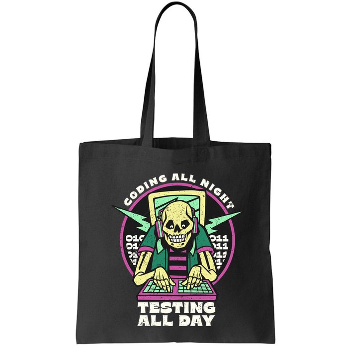 Coding All Night Testing All Day Skeleton Tote Bag