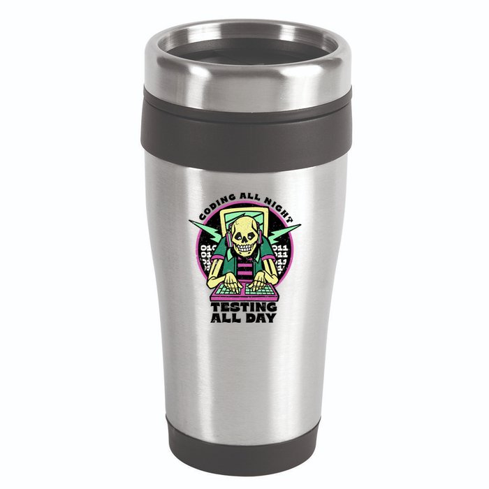 Coding All Night Testing All Day Skeleton 16oz Travel Tumbler