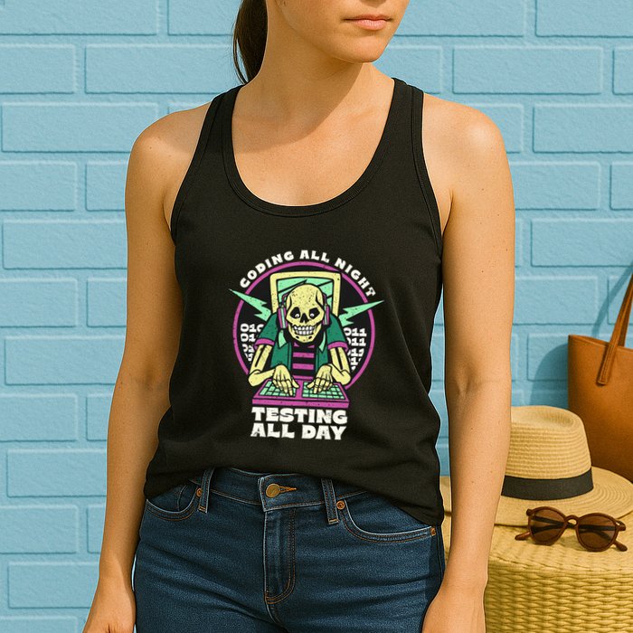 Coding All Night Testing All Day Skeleton Womens Tank Top