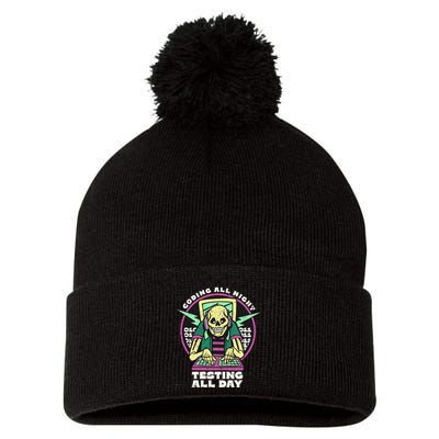 Coding All Night Testing All Day Skeleton Pom Pom 12in Knit Beanie