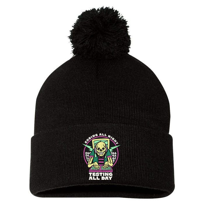 Coding All Night Testing All Day Skeleton Pom Pom 12in Knit Beanie