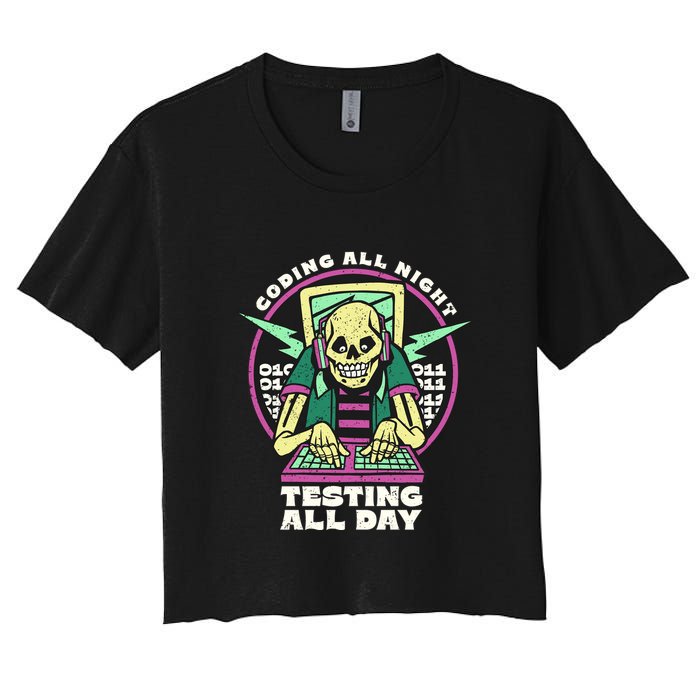 Coding All Night Testing All Day Skeleton Women's Crop Top Tee