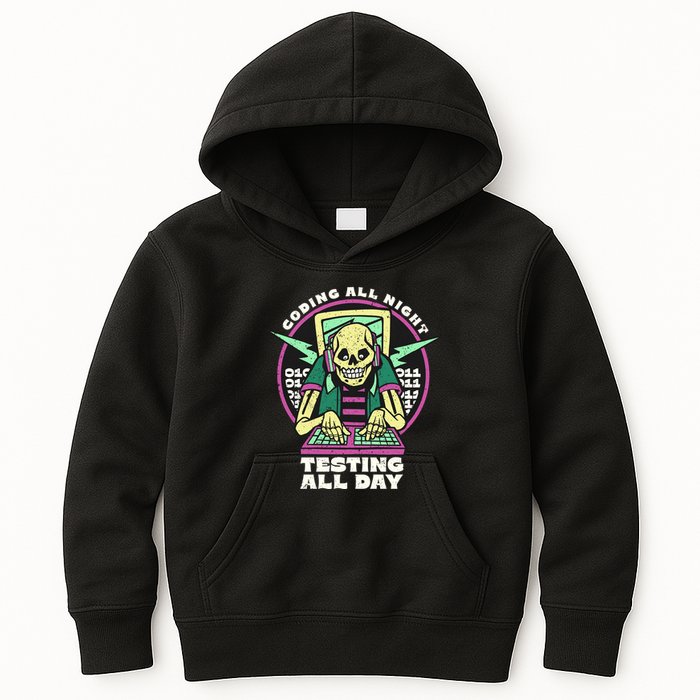 Coding All Night Testing All Day Skeleton Kids Hoodie