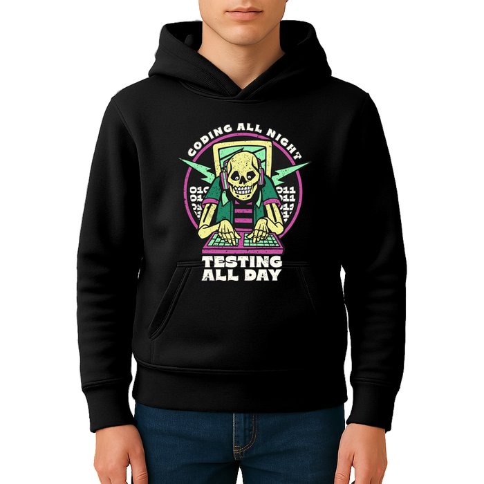 Coding All Night Testing All Day Skeleton Kids Hoodie