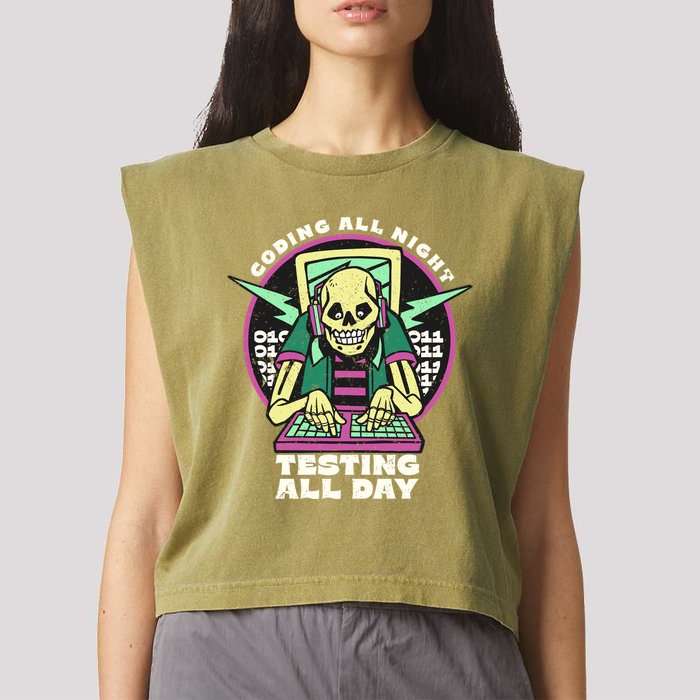 Coding All Night Testing All Day Skeleton Garment-Dyed Women's Muscle Tee