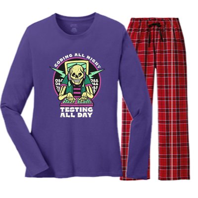 Coding All Night Testing All Day Skeleton Women's Long Sleeve Flannel Pajama Set 