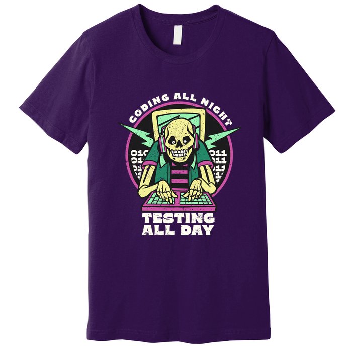 Coding All Night Testing All Day Skeleton Premium T-Shirt