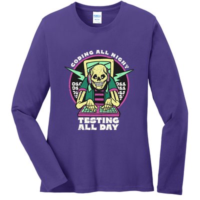 Coding All Night Testing All Day Skeleton Ladies Long Sleeve Shirt
