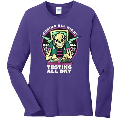 Coding All Night Testing All Day Skeleton Ladies Long Sleeve Shirt