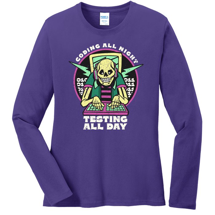 Coding All Night Testing All Day Skeleton Ladies Long Sleeve Shirt