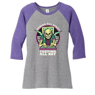 Coding All Night Testing All Day Skeleton Women's Tri-Blend 3/4-Sleeve Raglan Shirt