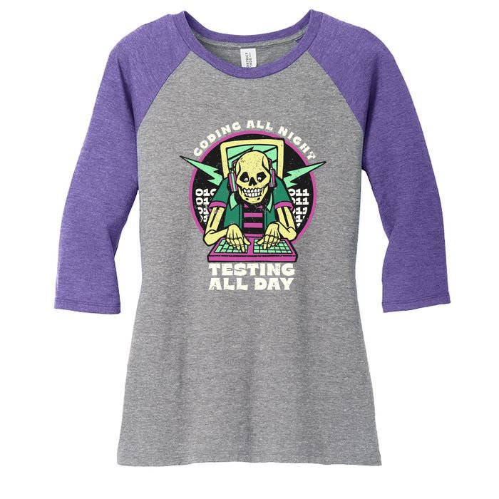 Coding All Night Testing All Day Skeleton Women's Tri-Blend 3/4-Sleeve Raglan Shirt