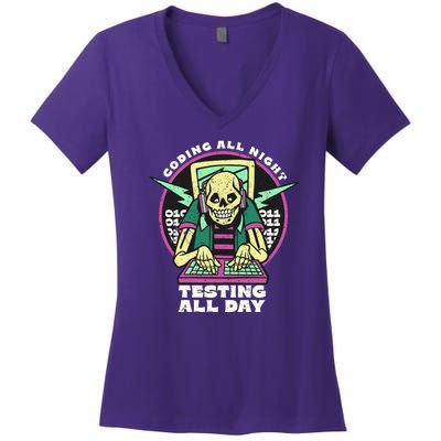 Coding All Night Testing All Day Skeleton Women's V-Neck T-Shirt