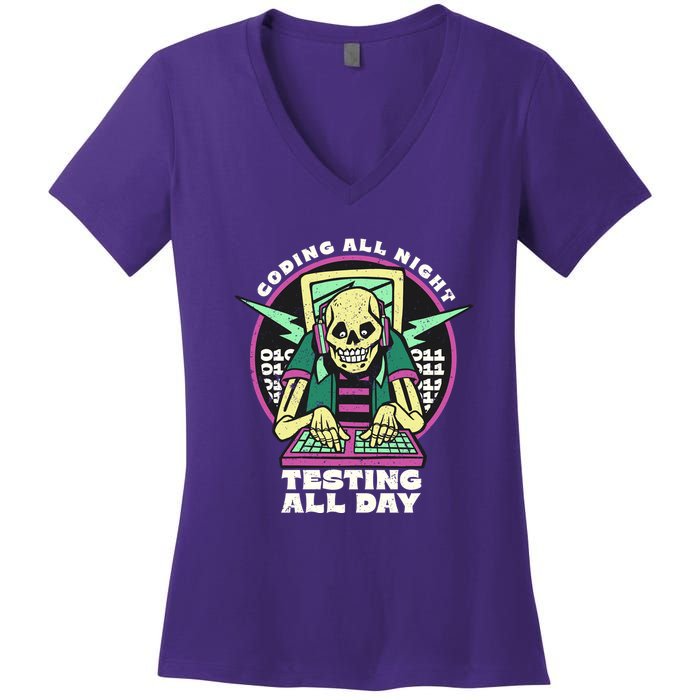 Coding All Night Testing All Day Skeleton Women's V-Neck T-Shirt