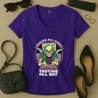 Coding All Night Testing All Day Skeleton Women's V-Neck T-Shirt