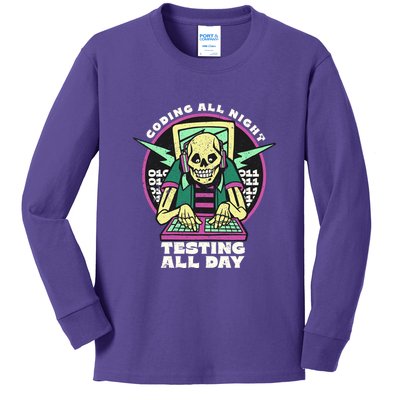 Coding All Night Testing All Day Skeleton Kids Long Sleeve Shirt