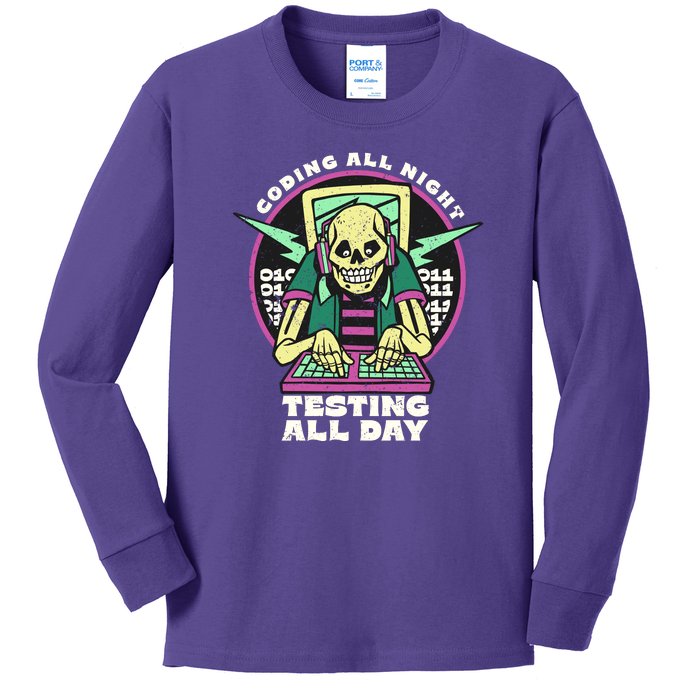 Coding All Night Testing All Day Skeleton Kids Long Sleeve Shirt