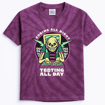 Coding All Night Testing All Day Skeleton Kids Tie-Dye T-Shirt
