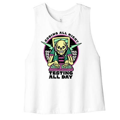 Coding All Night Testing All Day Skeleton Women's Racerback Cropped Tank