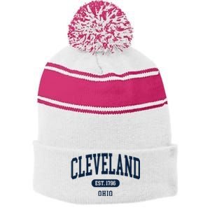 Cleveland Ohio Est 1796 Arched Varsity Text Stripe Pom Pom Beanie