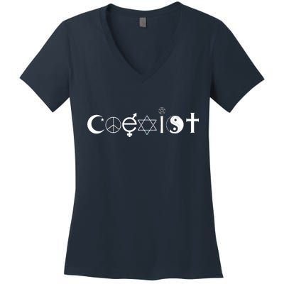 COEXIST Logo Love Peace Good Evil Cool Women's V-Neck T-Shirt