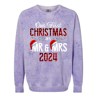 Cute Our First Christmas As Mr & Mrs 2024 Couples Pajamas Long Sleeve Colorblast Crewneck Sweatshirt