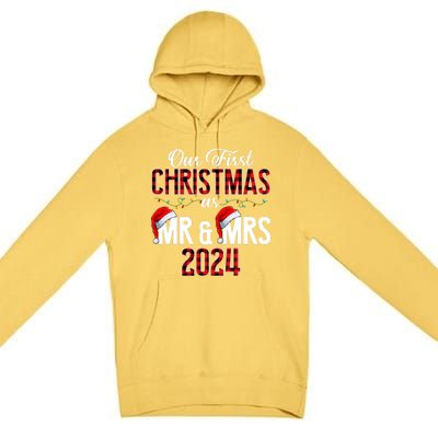 Cute Our First Christmas As Mr & Mrs 2024 Couples Pajamas Long Sleeve Premium Pullover Hoodie