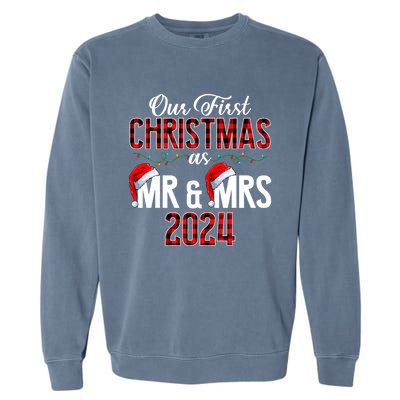 Cute Our First Christmas As Mr & Mrs 2024 Couples Pajamas Long Sleeve Garment-Dyed Sweatshirt