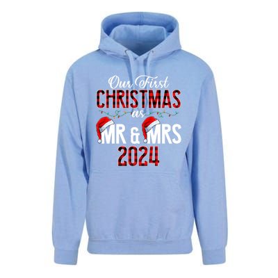 Cute Our First Christmas As Mr & Mrs 2024 Couples Pajamas Long Sleeve Unisex Surf Hoodie