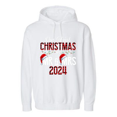 Cute Our First Christmas As Mr & Mrs 2024 Couples Pajamas Long Sleeve Garment-Dyed Fleece Hoodie