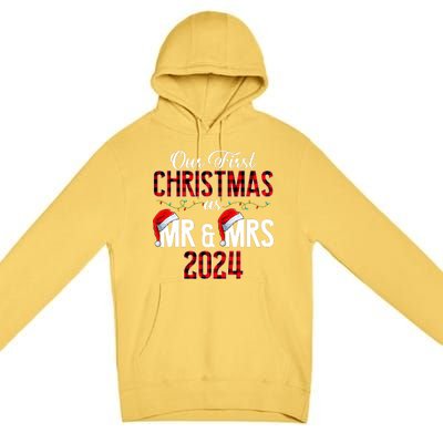 Cute Our First Christmas As Mr & Mrs 2024 Couples Pajamas Premium Pullover Hoodie