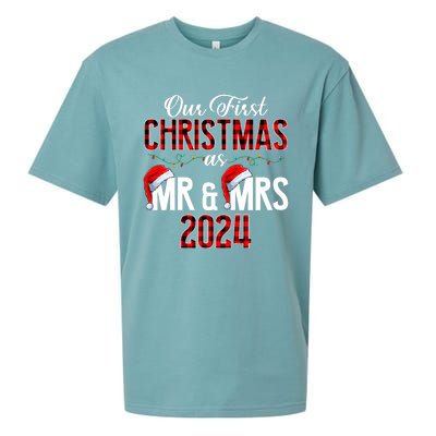 Cute Our First Christmas As Mr & Mrs 2024 Couples Pajamas Sueded Cloud Jersey T-Shirt