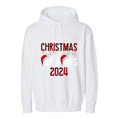 Cute Our First Christmas As Mr & Mrs 2024 Couples Pajamas Garment-Dyed Fleece Hoodie