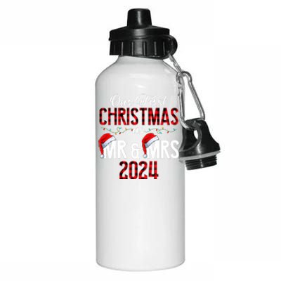 Cute Our First Christmas As Mr & Mrs 2024 Couples Pajamas Aluminum Water Bottle