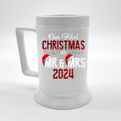 Cute Our First Christmas As Mr & Mrs 2024 Couples Pajamas Beer Stein