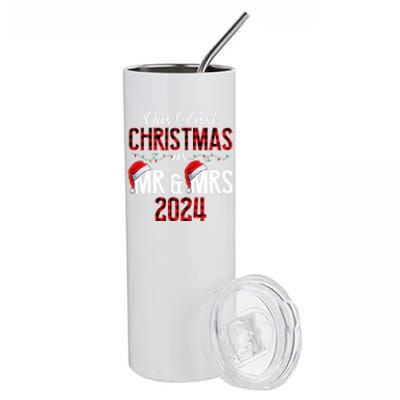 Cute Our First Christmas As Mr & Mrs 2024 Couples Pajamas Stainless Steel Tumbler