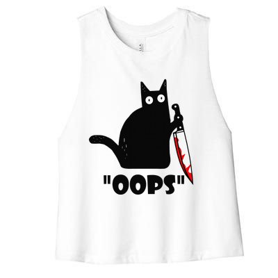 Cat Oops! Funny Black Cat Murderous Cat With Knife Women's Racerback Cropped Tank