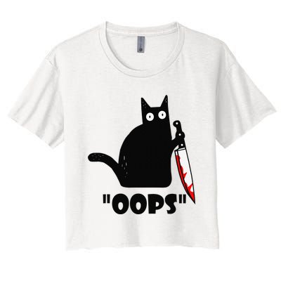 Cat Oops! Funny Black Cat Murderous Cat With Knife Women's Crop Top Tee