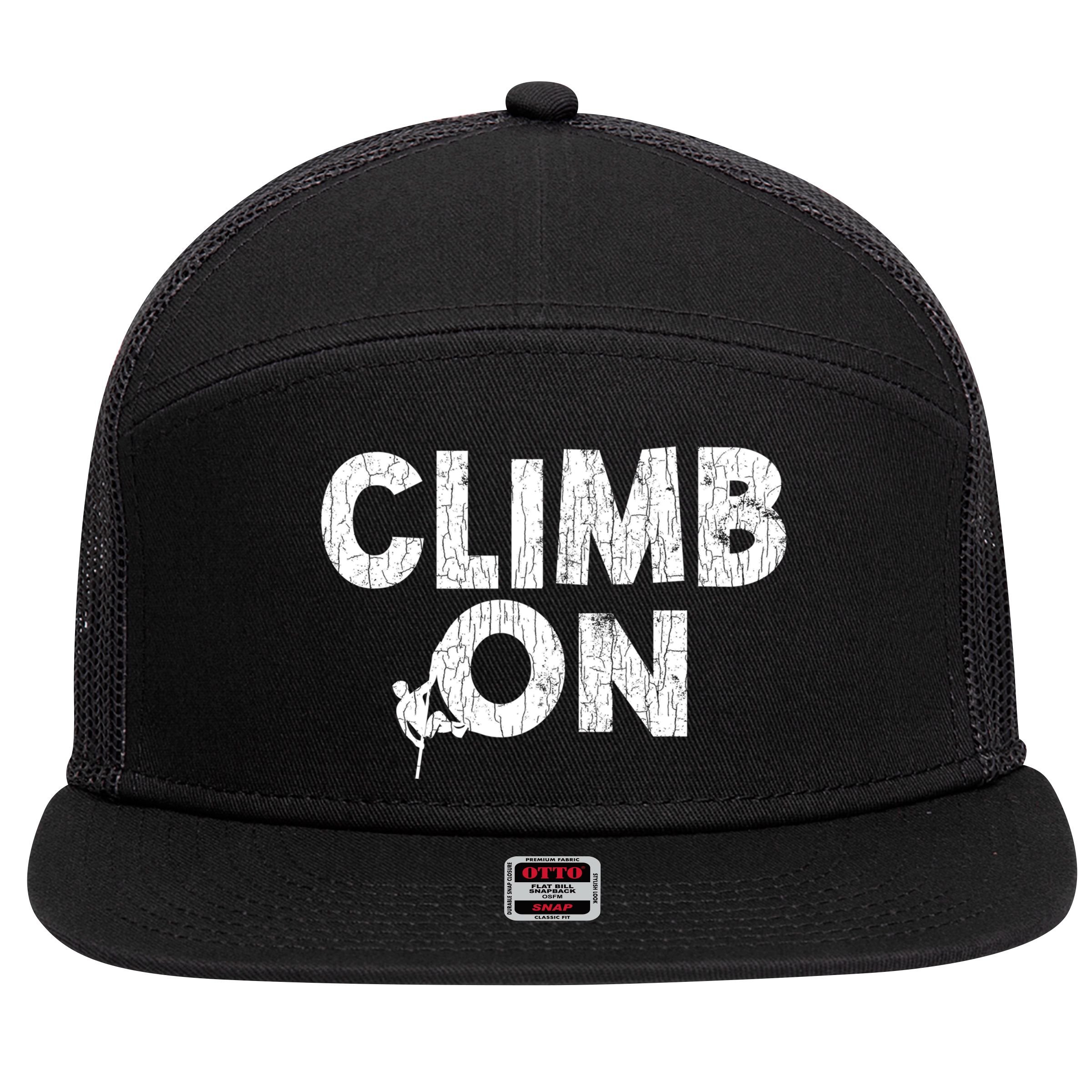 Climb On Funny Mountain Climbing Rock Climber Graphic Gift 7 Panel Mesh Trucker Snapback Hat