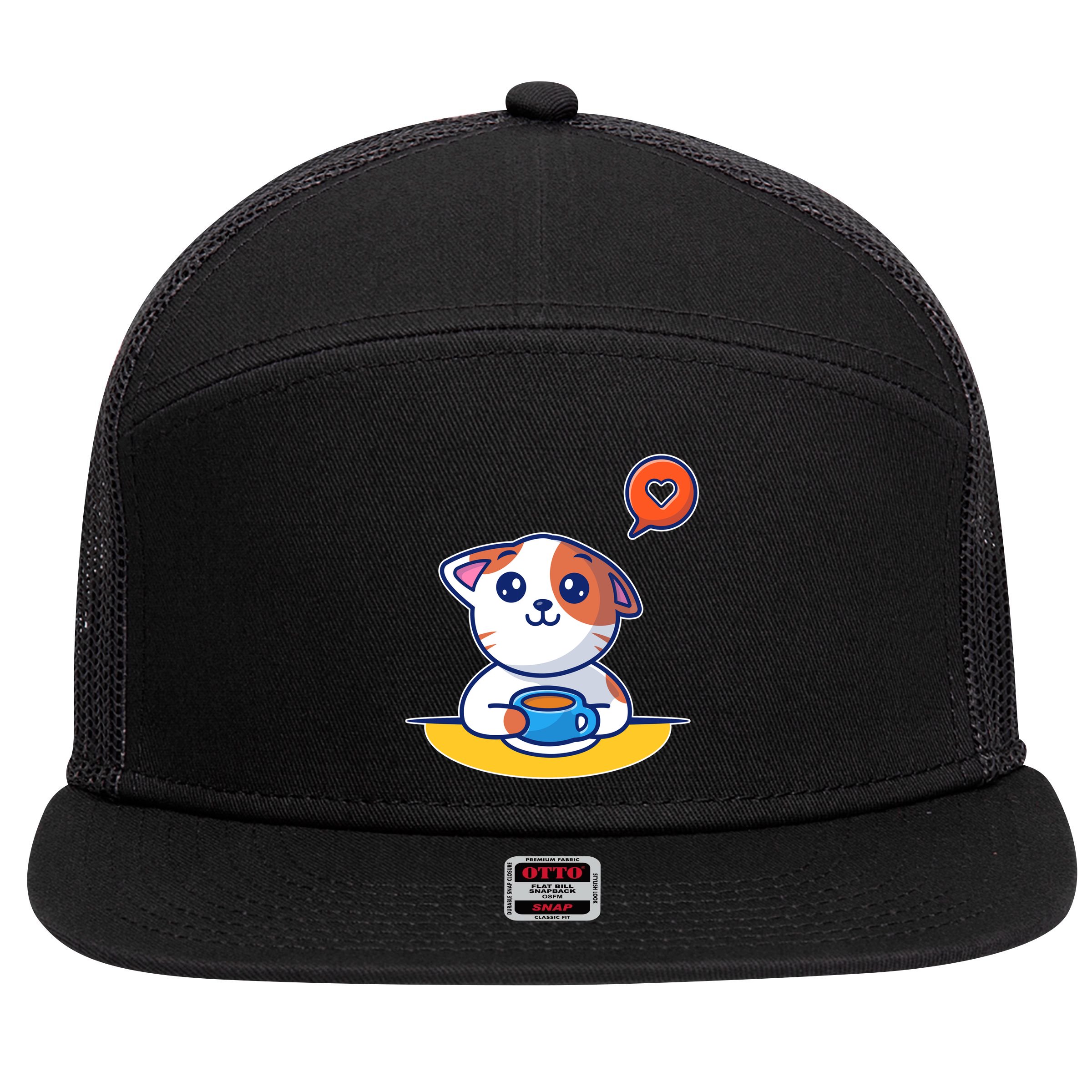 Coffee Cat Hollow Heart 7 Panel Mesh Trucker Snapback Hat