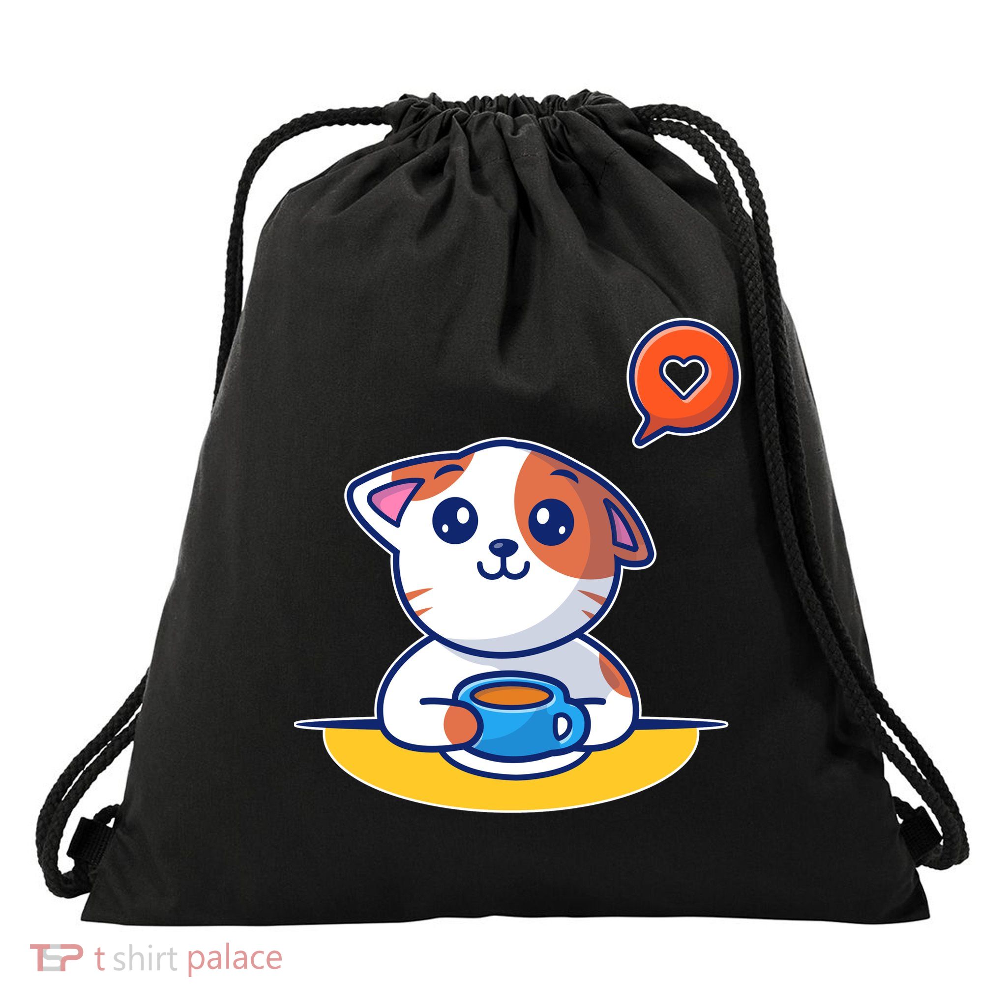 Coffee Cat Hollow Heart Drawstring Bag